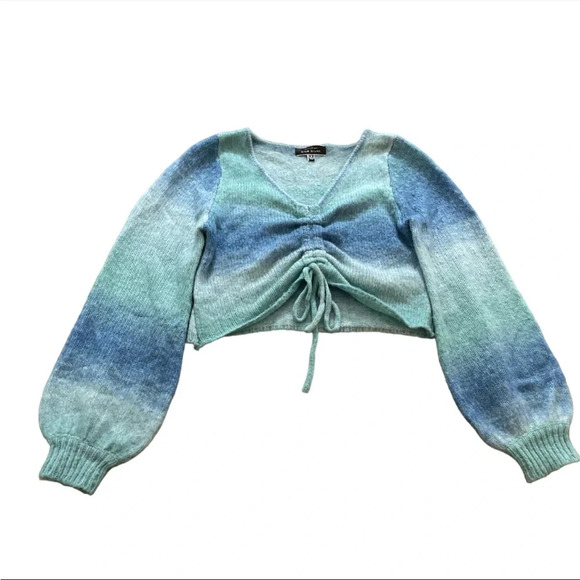Blue Blush Women’s Small Ombre Mermaid Y2K Cropped Knit Sweater Balloon Sleeve - Picture 2 of 8